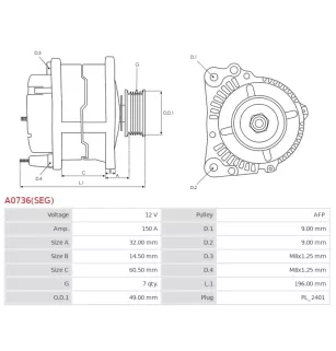 Alternateur 12V 150Amp AS-PL UD04052(SEG)A, BOSCH 0124525076, 0124525537, 0986047390, 1986A00900