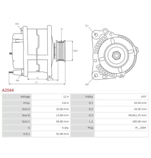 Alternateur 12V 110A Hitachi A2044 113316