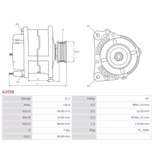 Alternateur 12V 130A Hitachi A2058 UD01062A