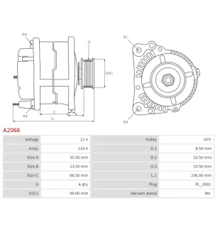 Alternateur 12V 110Amp AS-PL A2066, UD11340A, BOSCH 0986048301, CARGO 114121, HELLA 8EL012426-131