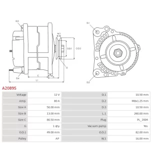 Alternateur 12V 80Amp  AS-PL A2089S, UD14193A, CARGO 116107, F032116107, DELCO DRA1024