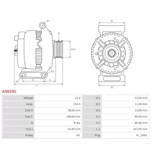 Alternateur 24V 150Amp  AS-PL A0659S, UD15000A, BOSCH 0124655277, 0124655278, 0124655307