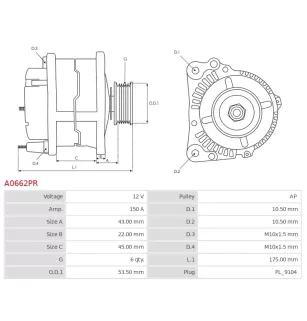 Alternateur 12V 150Amp  BOSCH 0124525206, 0124615002, 0986041930, CARGO 112460, DAF 1516481R