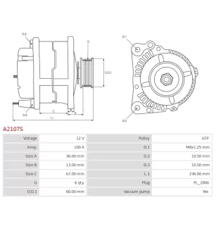 Alternateur 12V 100Amp AS-PL A2107S, UD15481A, UD47285A