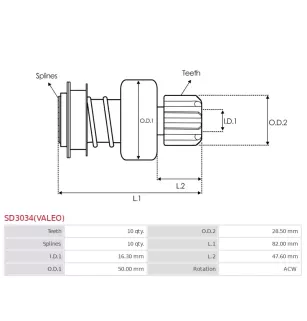 Pignon / lanceur démarreur pour VALEO 458365, D6GS11, D6GS12, D6GS13