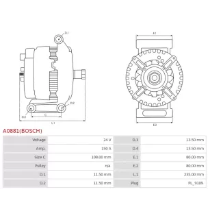 Alternateur 24V 150Amp AS-PL UD805743(BOSCH)A, BOSCH 0124655090, 0124655099, 0124655204, 0124655210