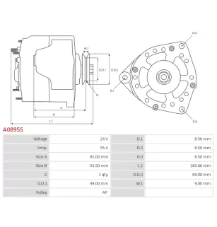 Alternateur 24V 55Amp AS-PL UD53901A, CARGO 116524, ISKRA / LETRIKA 11.201.742, AAK1381, IA0742