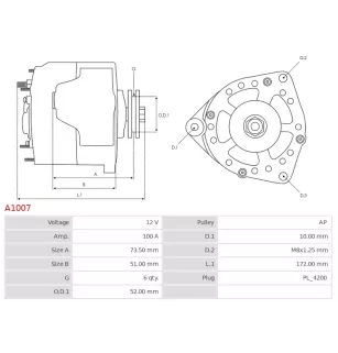 Alternateur 12V 100Amp CARGO 110499, CUMMINS 3604669RX, DELCO 10463013, 10463014, 10463016