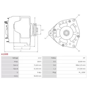 Alternateur 12V 100Amp AS-PL A1008, CARGO 112629, DELCO 10463002, 10463045, 10463104