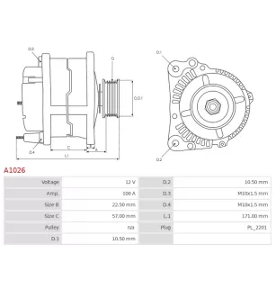 Alternateur 12V 100Amp AS-PL A1026, UD01473A, CARGO 114779