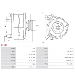 Alternateur 12V 140A Delco A1032 UD12077A