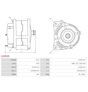 Alternateur 24V 70Amp AS-PL A1052S, UD15124A, UD19966A, CARGO 116317, CUMMINS 2874863