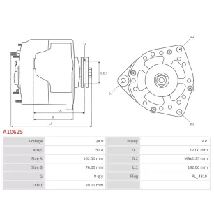 Alternateur 24V 50Amp AS-PL UD17114A, CUMMINS 3972731, 4988275, DELCO 19020205, 19020209