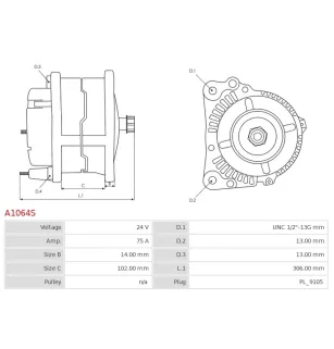 Alternateur 24V 75Amp  AS-PL A1064S, UD20881A, CARGO 110591, CASE 524023C91, CATERPILLAR 0R2415