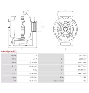 Alternateur 12V 150Amp AS-PL A3085, BOSCH 0986049660, CARGO 113251, DELCO DRA4088, DRA4088N
