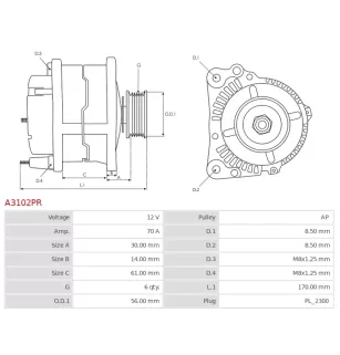 Alternateur 12V 70Amp  DELCO DA5298, DRA4188, MAGNETI MARELLI 063731675010, MQA1675, VALEO 2542577