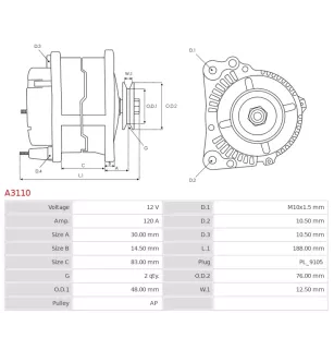 Alternateur 12V 120Amp CARGO 113961, MASSEY FERGUSON 3780634M1, 3780635M1, VALEO 2542300A, 437195