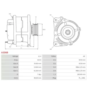 Alternateur 12V 110Amp AS-PL A3068, BOSCH 0986080330, CARGO 115310, DELCO DRA4286, HELLA 8EL011710-761