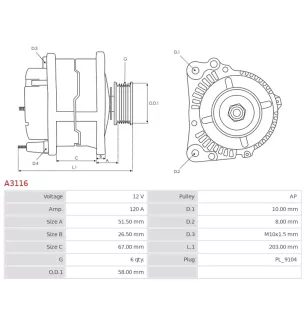 Alternateur 12V 120A Delco A3116 UD02324A
