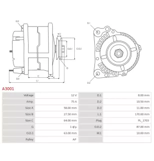 Alternateur 12V 75Amp  AS-PL A3001, BOSCH 0986034860, 0986034861, CARGO 110889, DAF 1516551R