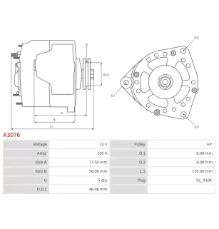 Alternateur 12V 105A A3076 12312244818