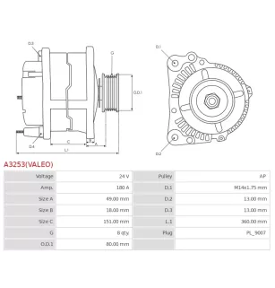 Alternateur 24V 180A Kia UD02591A 37300-83203