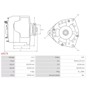 Alternateur 12V 120Amp AS-PL A3173, UD01564A, UD02043A, CARGO 115409, DELCO DRA0243