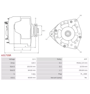 Alternateur 12V 120Amp CARGO 115409, DELCO DRA0243, DRA0243N, HELLA 8EL012426-181, HYUNDAI / KIA 37300-27010