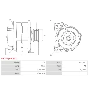 Alternateur 12V 95Amp AS-PL UD02598A, HYUNDAI / KIA 52810-51160, MITSUBISHI A2TB0491, A2TB0491A, A2TB3891