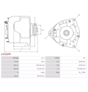 Alternateur 12V 50Amp  BOSCH 0986034740, 9120144267, 9120144268, 9120144277, 9120144278