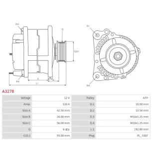 Alternateur 12V 110A Delco A3278 UD12133A