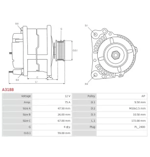 Alternateur 12V 75Amp AS-PL A3188, UD10987A, CARGO 113577, RENAULT 7700427880, 7700433069