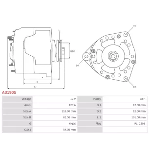 Alternateur 12V 120Amp AS-PL A3190S, UD20824A, CARGO 115583