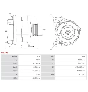 Alternateur 12V 120A Delco A3192 UD12140A