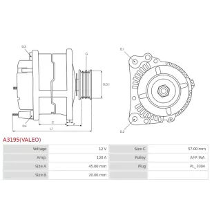 Alternateur 12V 120Amp AS-PL UD02009A, UD10816A, CARGO 114827, DELCO DRA0453, HYUNDAI / KIA 37300-25301