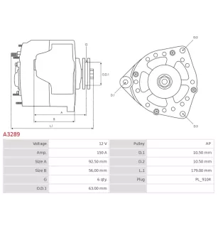 Alternateur 12V 150A Peugeot A3289 UD12286A