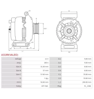 Alternateur 12V 180Amp CHEVROLET 4896808AC, CHRYSLER 04896808AA, 04896808AB, 04896808AC, 04996808AA