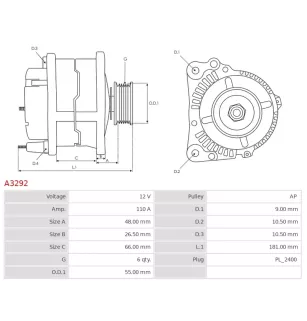 Alternateur 12V 110Amp AS-PL A3292, UD12278A, CARGO 112470
