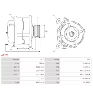 Alternateur 12V 120A Delco A3202 UD01765A