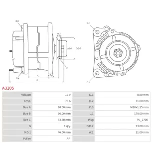 Alternateur 12V 75Amp AS-PL A3205, UD01902A, BOSCH 0986037791, CARGO 111071, DAF 1516518R