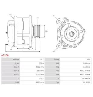 Alternateur 12V 150A Valeo A3208 UD01925A