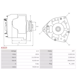 Alternateur 12V 120Amp AS-PL A3223, UD02322A, DELCO 13502582, OPEL 095515964, 1202317