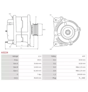 Alternateur 12V 150A Nissan A3224 UD02332A