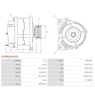 Alternateur 12V 110A Valeo UD02535A UD02580A