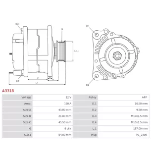 Alternateur 12V 150A Delco A3318 UD12320A