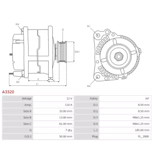 Alternateur 12V 110A Delco A3320 UD12316A