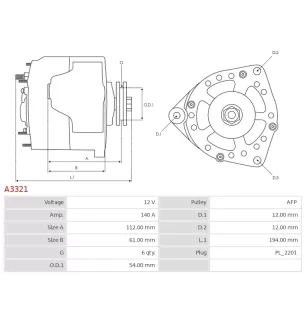 Alternateur 12V 140A Delco A3321 UD102481A