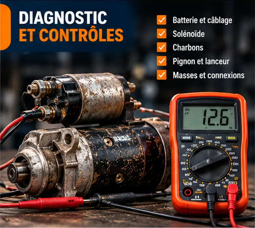 Diagnostic électrique d'un démarreur de tracteur avec multimètre