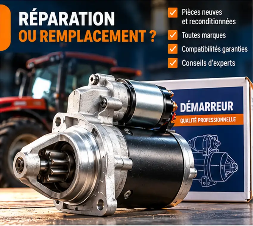 Démarreur neuf pour remplacer un démarreur de tracteur défectueux